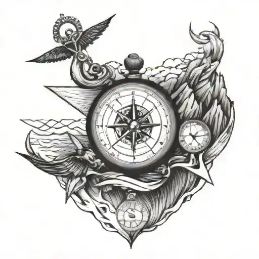 Compass Pocket Watch Anchor Swallow And Mountains