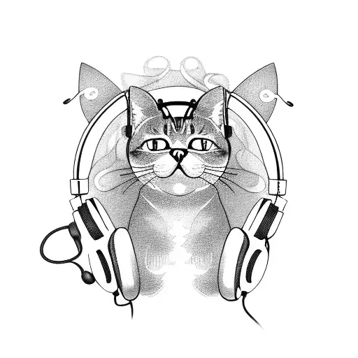 A Cat Wearing Headphones Surrounded By Swirling Musical Notes And Roses