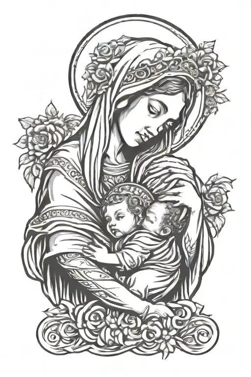 Blessed Virgin Mary With Halo Holding Faceless Baby
