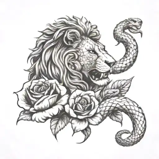 A Lion And Snake In A Fierce Battle With A Rose As The Battleground