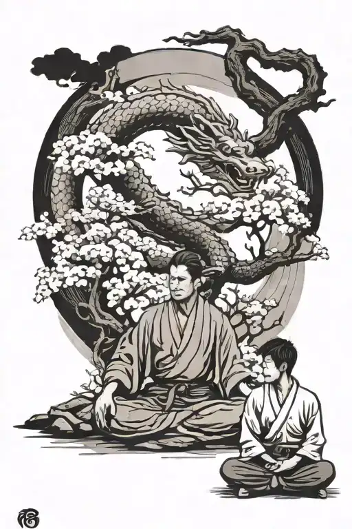 Karateka Meditating In Front Of A Sakura Tree With A Japanese Dragon Behind