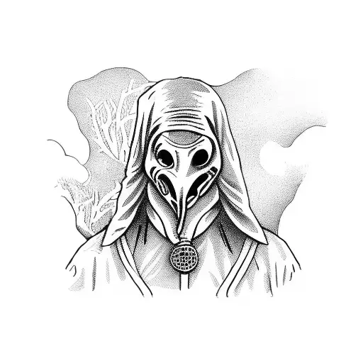 A Detailed Illustration Of A Plague Doctor Surrounded By A Dark And Eerie Forest