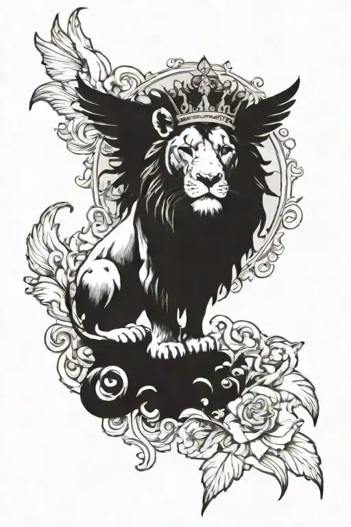 A Majestic Lion Wearing A Crown Surrounded By Angels In The Clouds