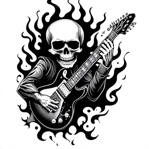 A Skull Playing An Electric Guitar That Is On Fire