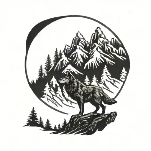 Mountains And Trees Forming The Silhouette Of A Wolf Howling At The Moon
