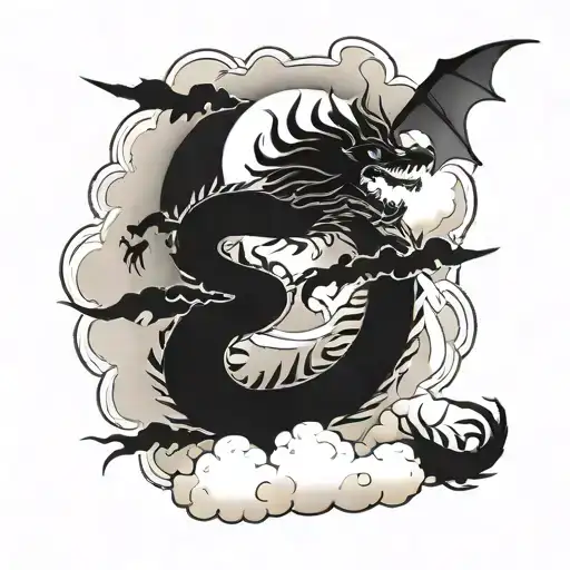 Japanese Dragon Flying In Clouds