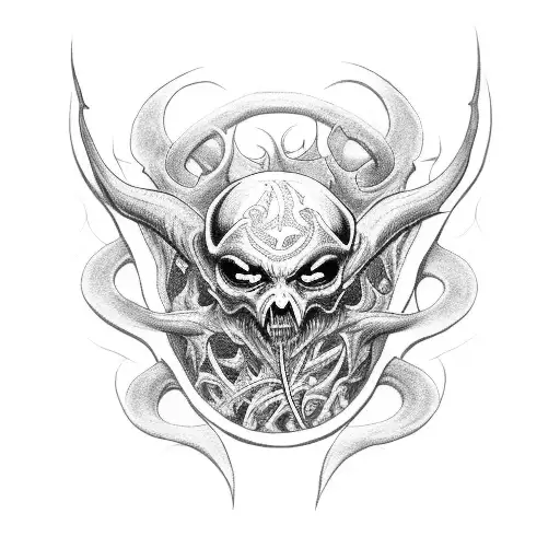 A Long Tattoo Of A Demon Holding A Spinal Cord