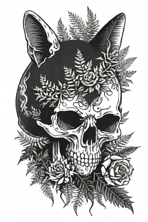 Cat Skull With Fern Growing Around And A Small Roly Poly Bug