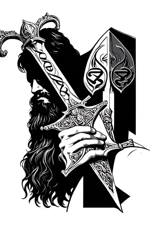 King Arthur With Beard Close Face Up Holding A Sword Roman Numbers Of 20 And 21 On The Sword