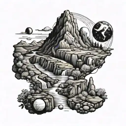 A Mountainside Landscape With A River Flowing Through And A Night Sky Of Planets And Stars