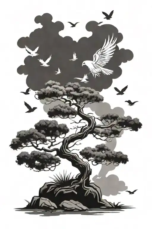 Bonsai Tree With Birds Flying Away