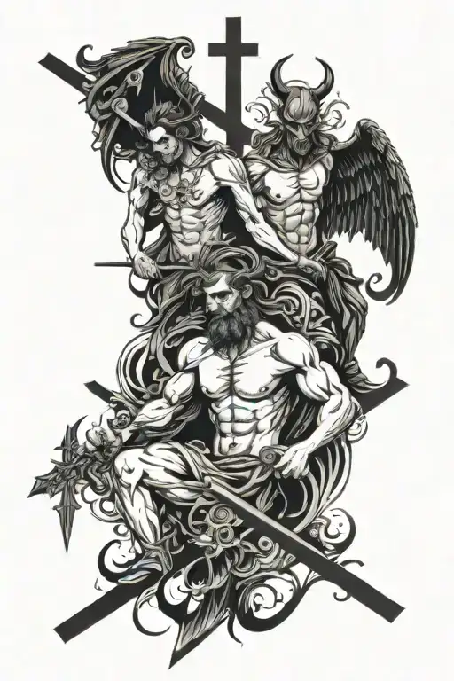 Good Time And Bad Times With Devil And Angel With A Cross Going Down The Middle With Half Demonic