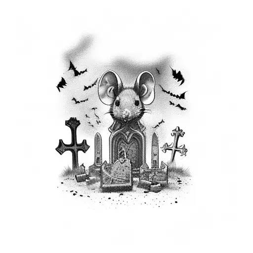 A Gothic Graveyard Scene With Mice Playing Among The Tombstones