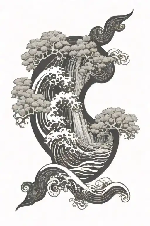 Waterfall And Waves Flowing No Trees