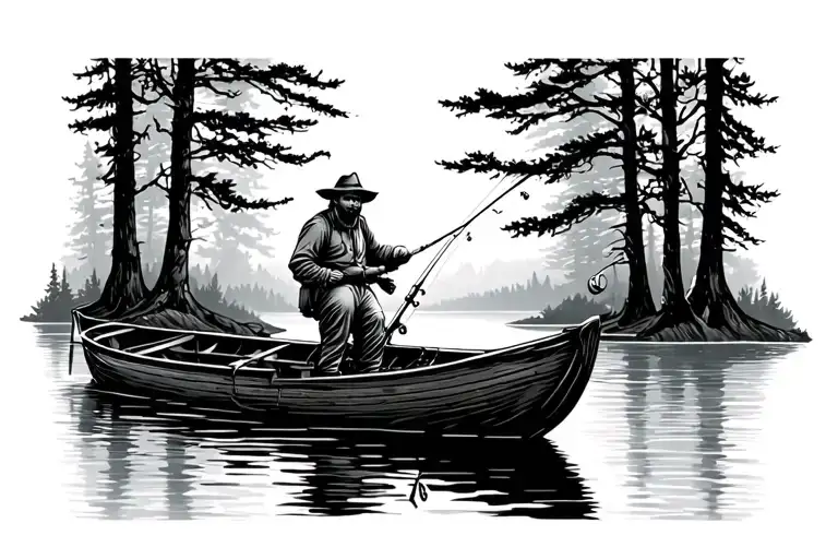 Fisherman On A Boat And Behind Him Forest