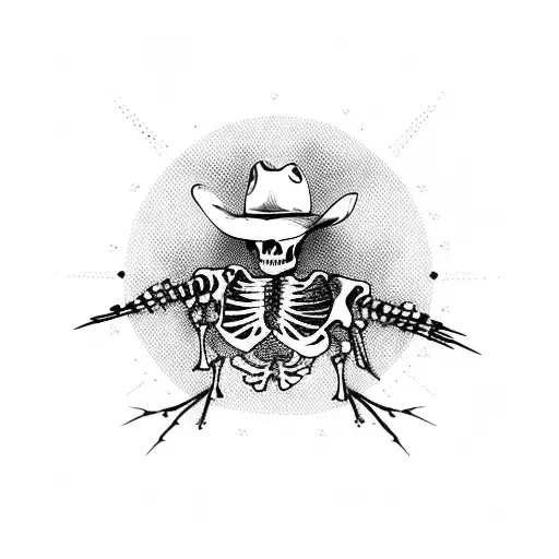 Cowboy Skeleton Next To Saguaro Cactus