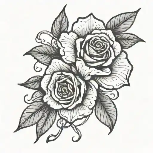 A Blackwork Tattoo Design Featuring A Rose And Daffodil Intertwined With Vines And Leaves
