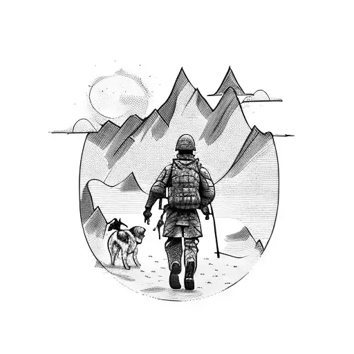 A Sketch-style Tattoo Of A Soldier Hiking With Their Family And A Dog In The Mountains