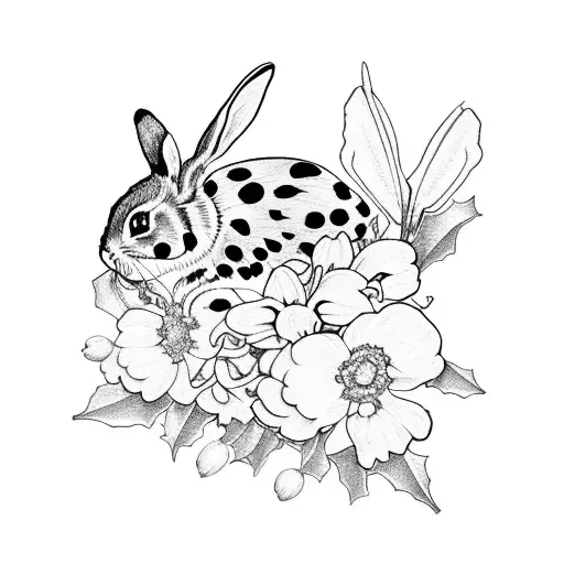 Ladybug And Bunny Surrounded By Holly And Larkspur Flowers