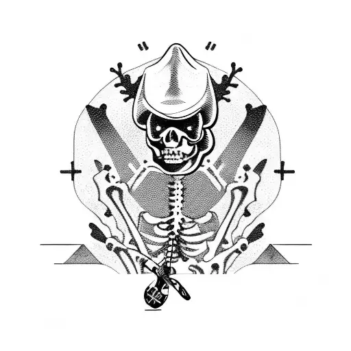 Cowboy Skeleton With Guitar Next To Saguaro Cactus