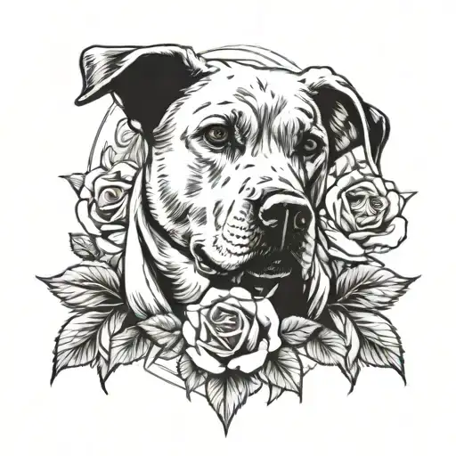 Yellow Lab Dog Portrait With Roses Surrounding