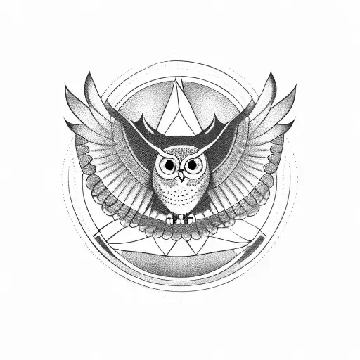 Owl In Flight Surrounded By Two Curvy Lines With Dots At The End Of The Lines