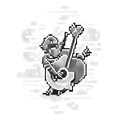 A Pixelated Video Game Character Playing A Guitar