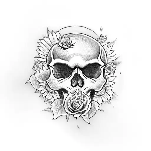 Skull With A Sunflower And Roses Sleeve