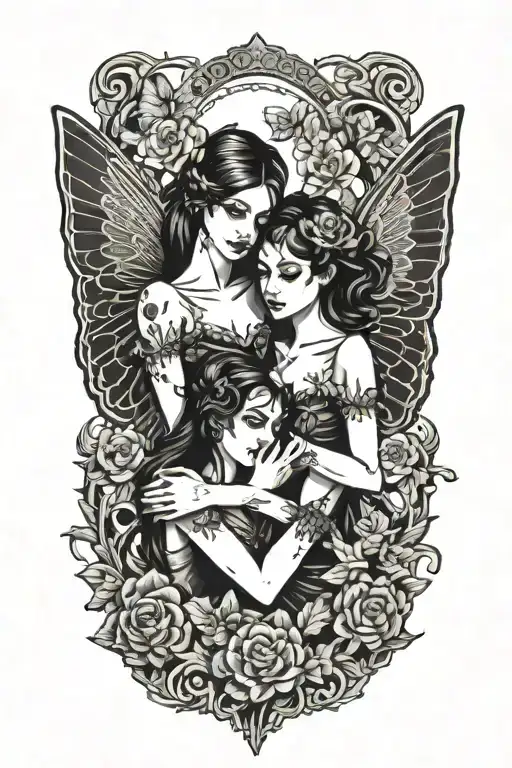 Two Gothic Females With Butterfly Wings Embracing