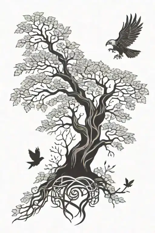A Forest Scene With A Celtic Knot Tree Trunk And A Hidden Polish Eagle In The Leaves