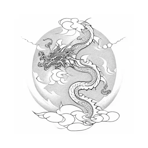A Blackwork Design Of A Japanese Dragon Coiling Around A Sakura Branch