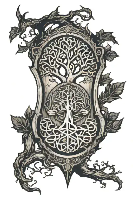 Celtic Tree Of Life Centered On A Cracked Wooden Shield With Branches Growing Out Irregularly
