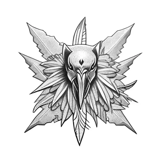 Trident With Raven Feathers Falling Around It