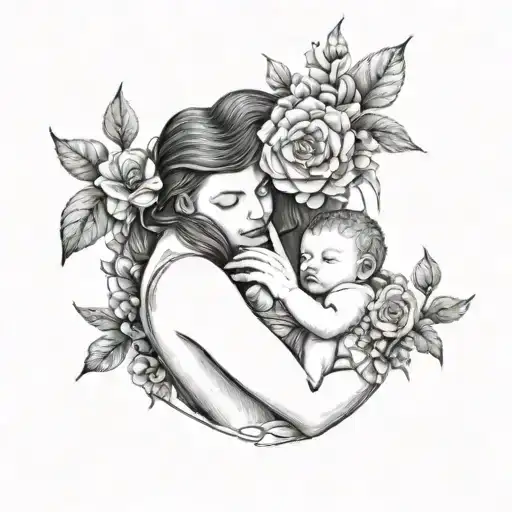 A Mother With Her Baby Surrounded By Flowers