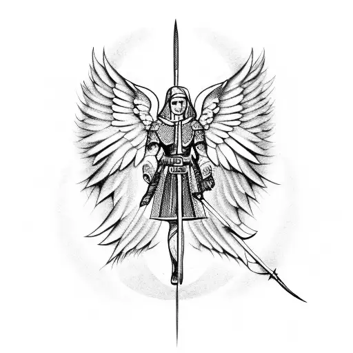 Angel In Armour And Cloak Holding Spear With Wings Made Of Light