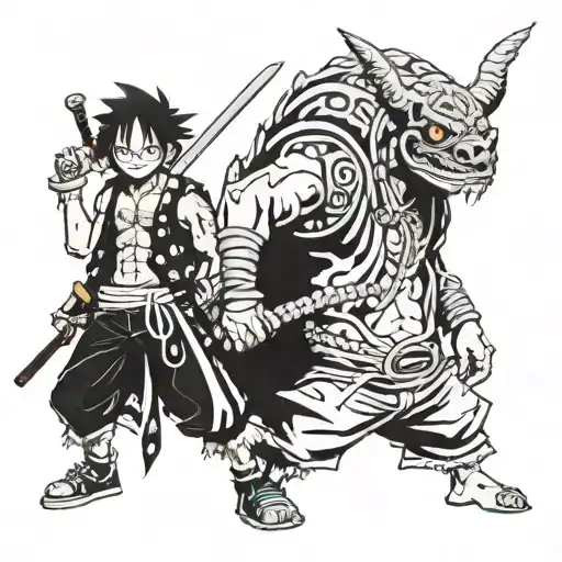 Demon Slayer And Luffy From One Piece Featuring