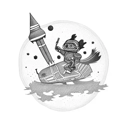 A Blackwork Tattoo Of A Gamer Riding A Bitcoin Rocket Through A Psychedelic Galaxy