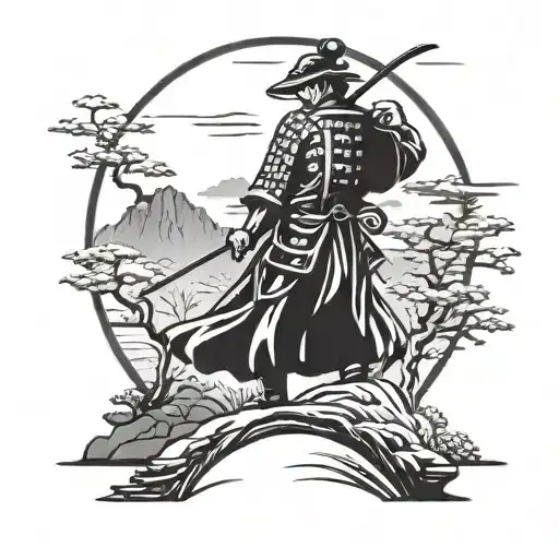 Samurai Standing On Top Of Hill With Japanese Arch
