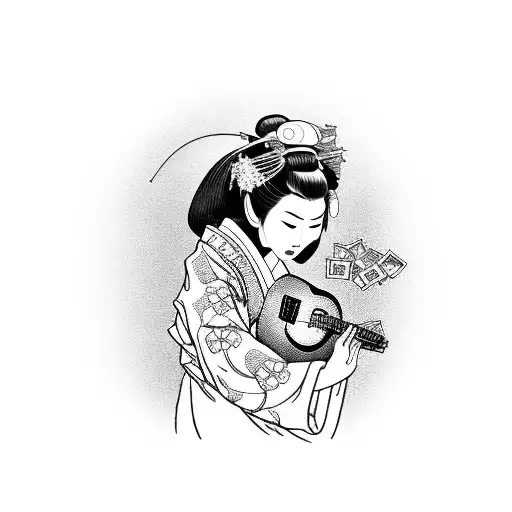 A Japanese Geisha Holding A Guitar With Money Falling From Her Kimono