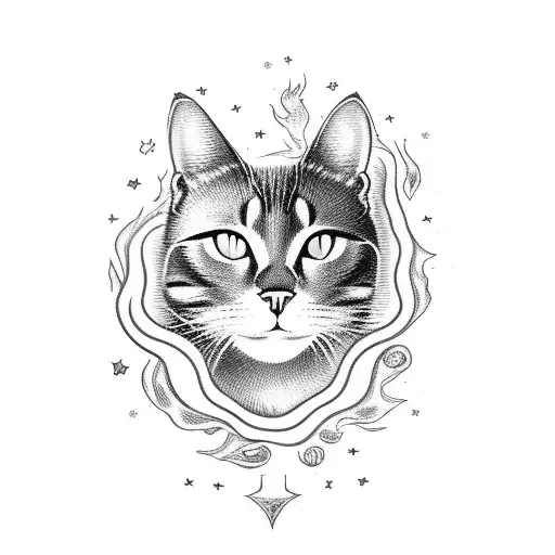 A Majestic Black Cat Floating In Space Surrounded By Fire