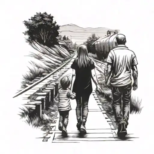 Father And Daughter Walking In Railway Track Leading