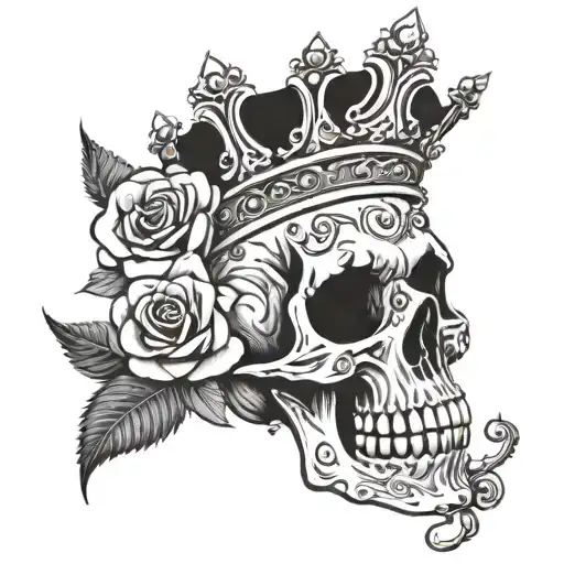 Skully With Crown And Rose Intertwined
