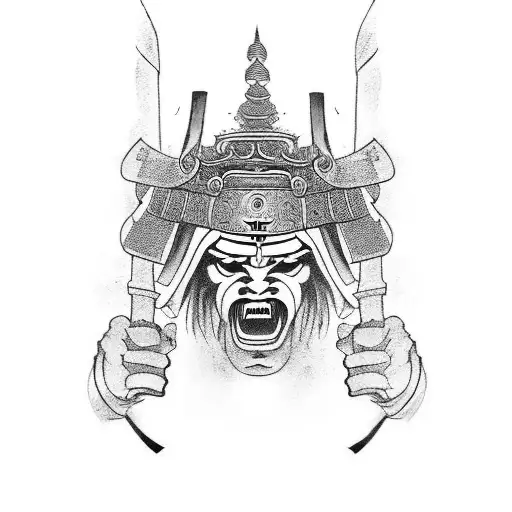 Samurai Whose Left Arm Is Made Of Steel With A Background Inspired By Gothic Architecture