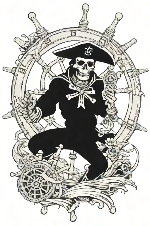 Skeleton Sailor Turning A Ships Wheel In A Storm