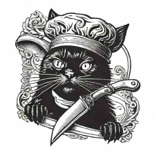 Black Cat With Chef's Hat And Knife In Its Mouth
