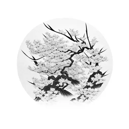 A Samurai Standing Under A Blooming Sakura Tree With Japanese Spirits Surrounding Him