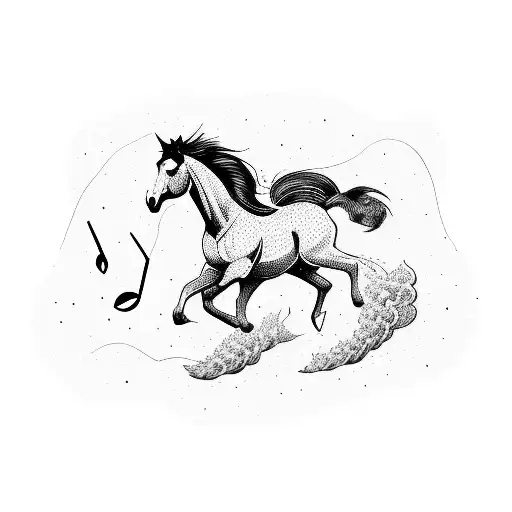 A Blackwork Tattoo Of A Horse Galloping Through A Field With Musical Notes Trailing Behind