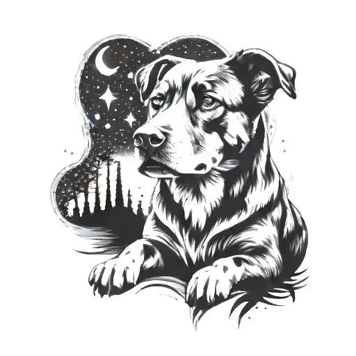 A Black-grey Tattoo Of A Loyal Dog Sitting By A Campfire Under A Starry Night Sky