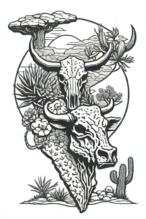 Desert With Cactus And Cow Skull