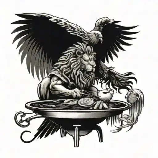 A Lion And Eagle Combined Into A Mythical Creature Cooking On A Grill